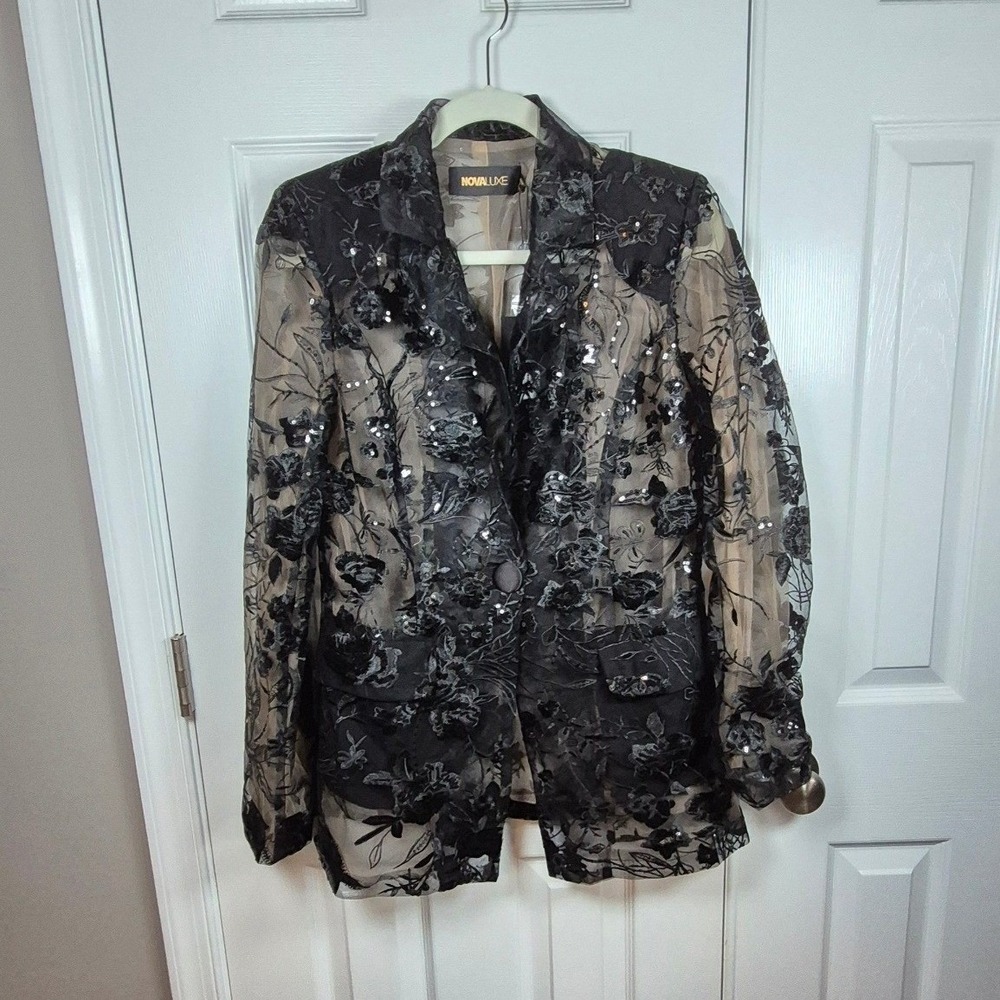 Fashion Nova Luxe black floral Vera sequin embroidered blazer jacket women large - Picture 3 of 16